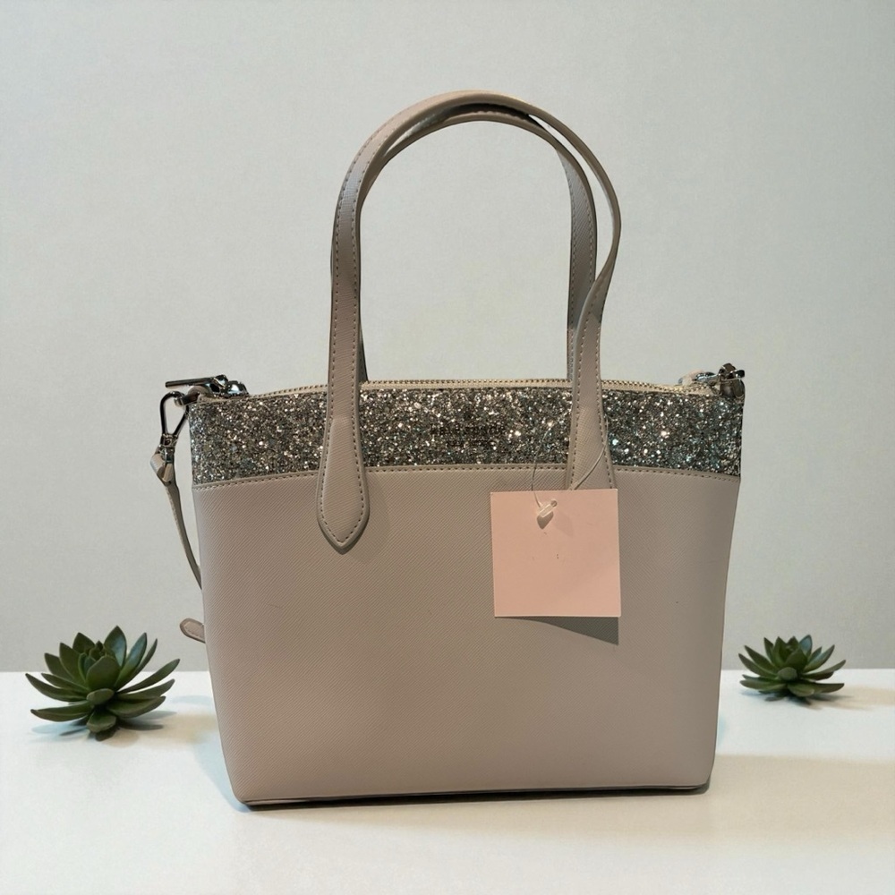 kate spade Cream and Gray Top-Handle Satchel with Pink Tag